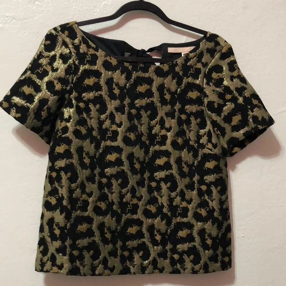 Anthropologie Hutch Black & Gold Leopard Jacquard Short Sleeve Cropped Top XS - Picture 2 of 5